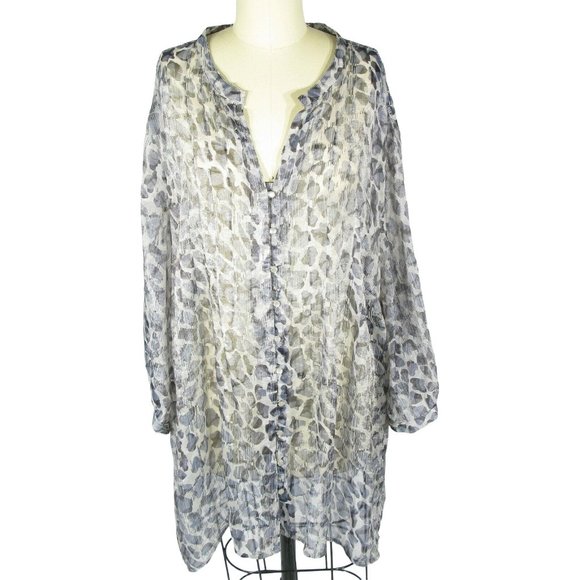 Maggie Barnes Tops - MAGGIE BARNES 3X Sheer Blue Black Ivory Animal Print Faux Pearl Button Blouse